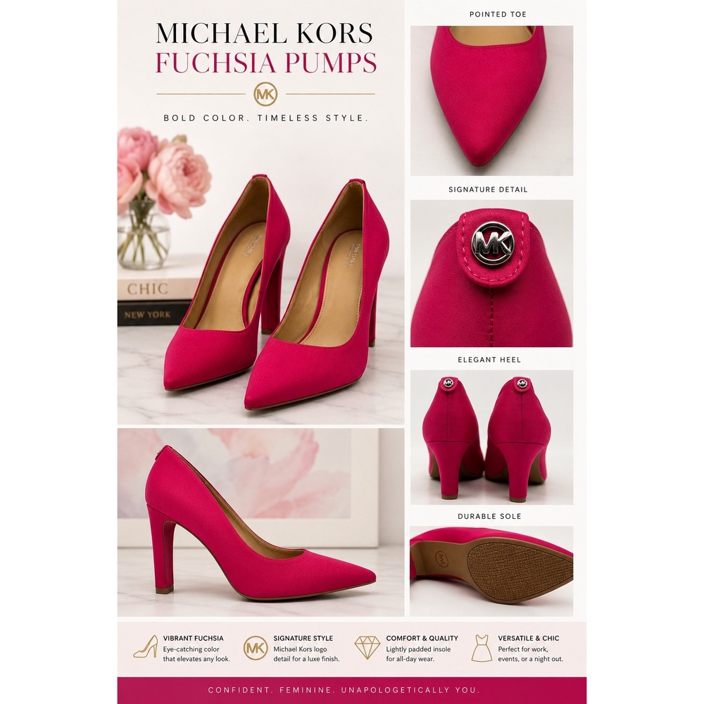 Michael Kors Fuchsia Pink Pointed Toe Pumps MK Logo Block Heel Shoes